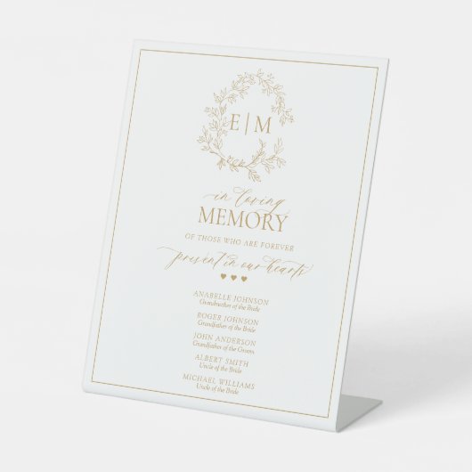 Gold Leafy Crest Monogram in Loving Memory Reclamebord Met Voetstuk (Voorkant)