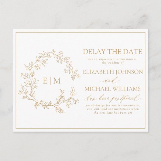 Gold Leafy Crest Monogram Vertraging datum Uitnodiging Briefkaart (Voorkant)