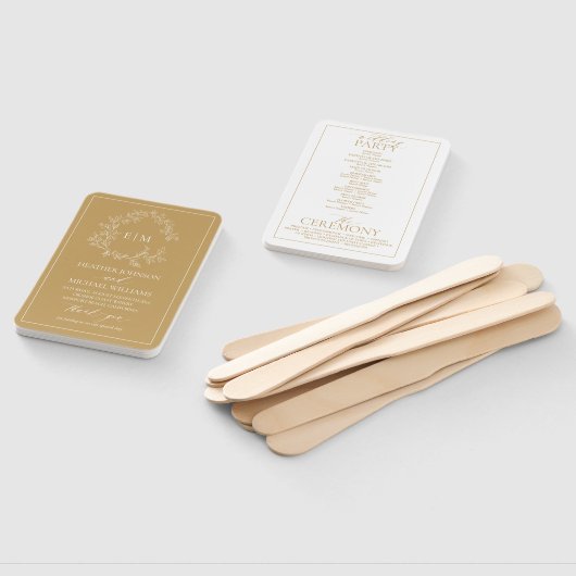 Gold Leafy Crest Monogram Weddenprogramma Handwaaier (Niet-gemonteerd)