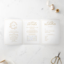 Gold Leafy Crest Monogram Weddenschap Drieluik Uitnodiging