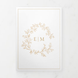 Gold Leafy Crest Monogram Weddenschap Drieluik Uitnodiging