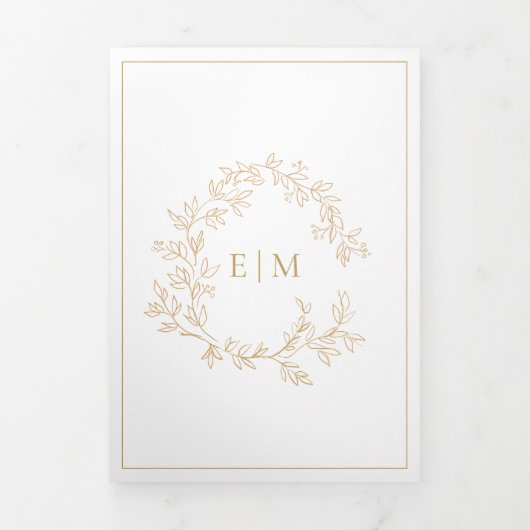 Gold Leafy Crest Monogram Weddenschap Drieluik Uitnodiging (Cover)