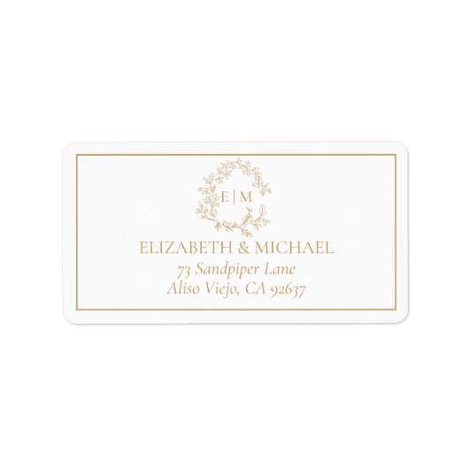 Gold Leafy Crest Monogram Weddenschap Etiket (Voorkant)