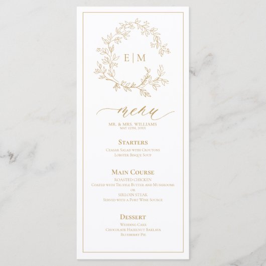 Gold Leafy Crest Monogram Weddenschap Menu (Voorkant)