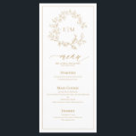 Gold Leafy Crest Monogram Weddenschap Menu<br><div class="desc">Creëer de perfecte receptie. We houden van deze trendy, moderne gouden trouwmenu van 4 x 9 inch! Eenvoudig, elegant, en oh-zo-, hij is voorzien van een handgetekende leafy grot die een modern huwelijksmonogram omringt. Het is gepersonaliseerd in elegante typografie, en geaccentueerd met hand-briefed kalligrafie. Tot slot wordt het in een...</div>