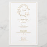 Gold Leafy Crest Monogram Weddenschap Menu<br><div class="desc">Creëer de perfecte receptie. We houden van deze trendy, moderne gouden trouwmenu van 5, 5 x 8, 5 inch! Eenvoudig, elegant, en oh-zo-, hij is voorzien van een handgetekende leafy grot die een modern huwelijksmonogram omringt. Het is gepersonaliseerd in elegante typografie, en geaccentueerd met hand-briefed kalligrafie. Tot slot wordt het...</div>