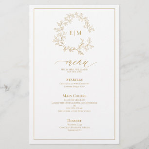 Gold Leafy Crest Monogram Weddenschap Menu