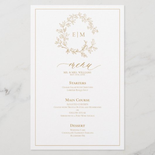 Gold Leafy Crest Monogram Weddenschap Menu (Voorkant)