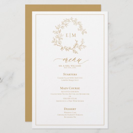 Gold Leafy Crest Monogram Weddenschap Menu (Voorkant / Achterkant)