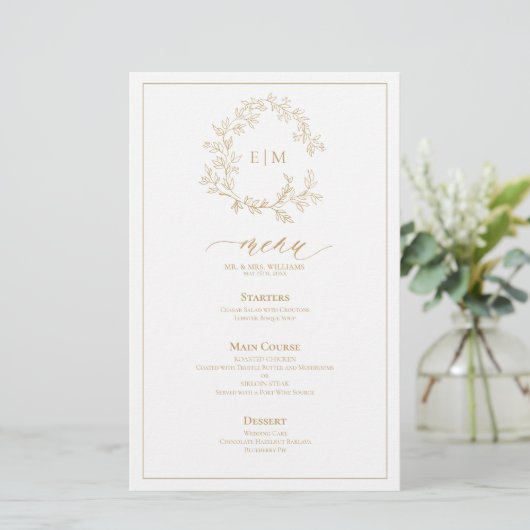 Gold Leafy Crest Monogram Weddenschap Menu (Staand voorkant)