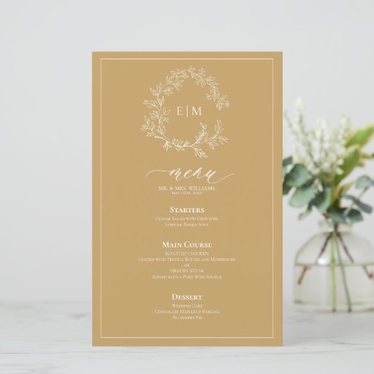 Gold Leafy Crest Monogram Weddenschap Menu (Staand voorkant)