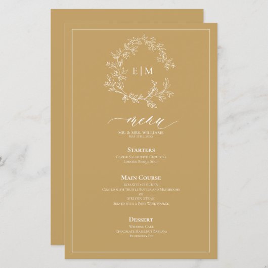 Gold Leafy Crest Monogram Weddenschap Menu (Voorkant / Achterkant)