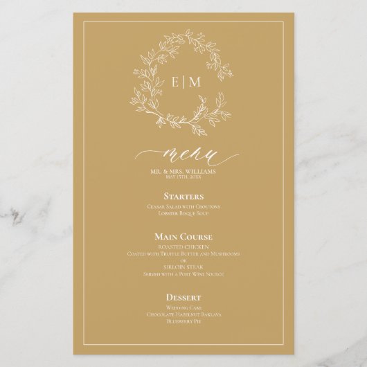 Gold Leafy Crest Monogram Weddenschap Menu (Voorkant)
