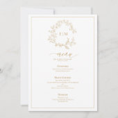 Gold Leafy Crest Monogram Weddenschap Menu Kaart (Voorkant)
