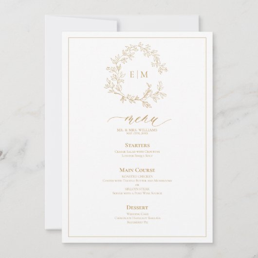 Gold Leafy Crest Monogram Weddenschap Menu Kaart (Achterkant)