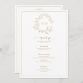 Gold Leafy Crest Monogram Weddenschap Menu Kaart (Voorkant / Achterkant)