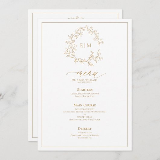 Gold Leafy Crest Monogram Weddenschap Menu Kaart (Voorkant / Achterkant)