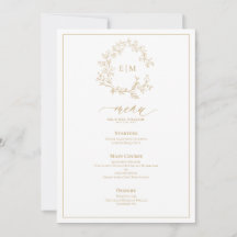 Gold Leafy Crest Monogram Weddenschap Menu