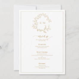 Gold Leafy Crest Monogram Weddenschap Menu Kaart