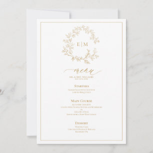 Gold Leafy Crest Monogram Weddenschap Menu Kaart
