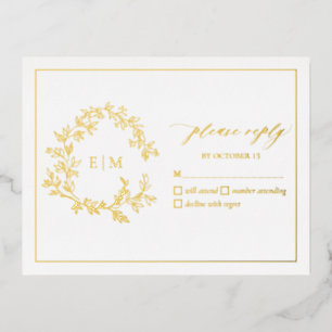 Gold Leafy Crest Monogram Weddenschap RSVP-kaart Folie Uitnodiging Briefkaart