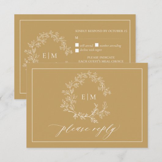 Gold Leafy Crest Monogram Weddenschap RSVP-kaart RSVP Kaartje (Voorkant / Achterkant)