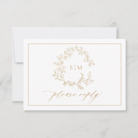 Gold Leafy Crest Monogram Weddenschap RSVP-kaart RSVP Kaartje (Voorkant)