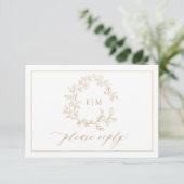 Gold Leafy Crest Monogram Weddenschap RSVP-kaart RSVP Kaartje (Staand voorkant)
