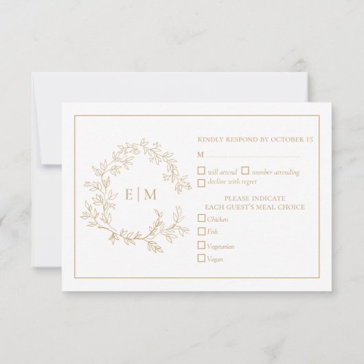 Gold Leafy Crest Monogram Weddenschap RSVP-kaart RSVP Kaartje (Achterkant)