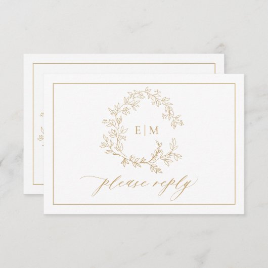 Gold Leafy Crest Monogram Weddenschap RSVP-kaart RSVP Kaartje (Voorkant / Achterkant)