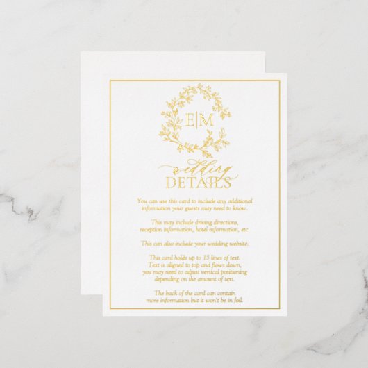 Gold Leafy Crest Monogram Wedding Details Kaart (Voorkant / Achterkant)