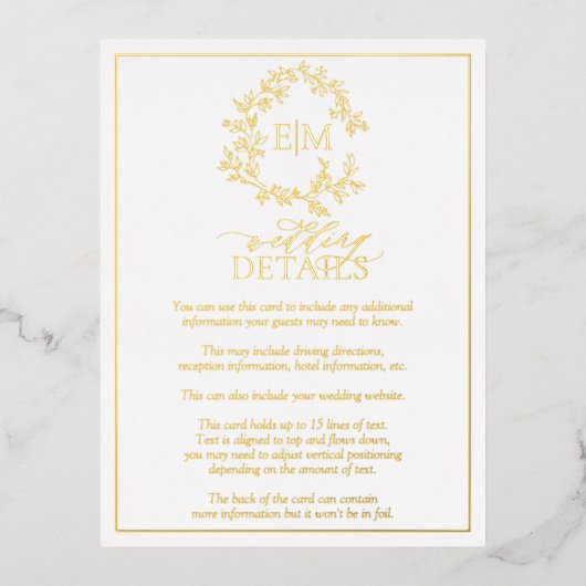 Gold Leafy Crest Monogram Wedding Details Kaart (Voorkant)
