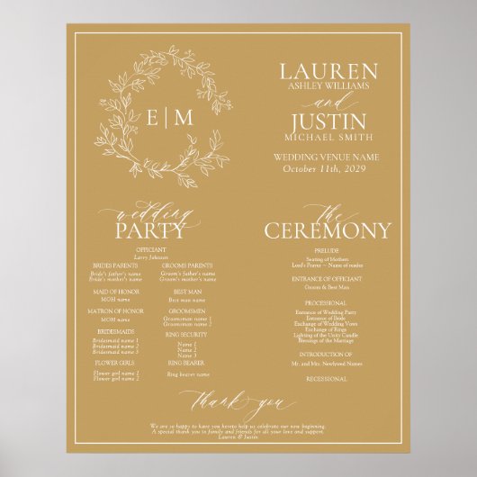 Gold Leafy Crest Monogram Wedding Program Poster (Voorkant)