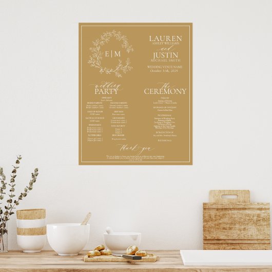 Gold Leafy Crest Monogram Wedding Program Poster (Keuken)