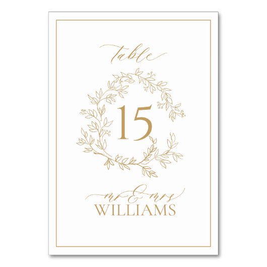 Gold Leafy Crest Monogram Wedstrijknummer Kaart (Voorkant)