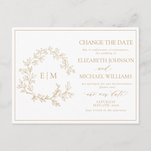 Gold Leafy Crest Monogram wijzigen Datum Uitnodiging Briefkaart (Voorkant)