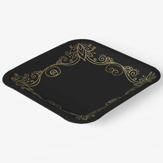 Gold Leafy Pattern Zwart Vierkant Papier Bord (Gebogen)