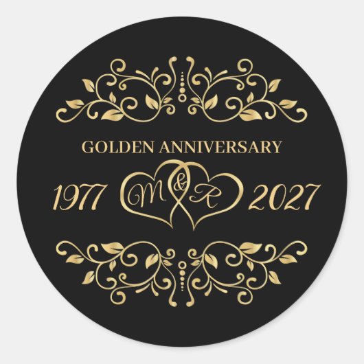 Gold leafy swirls, harten 50th Wedding Jubileum Ronde Sticker (Voorkant)