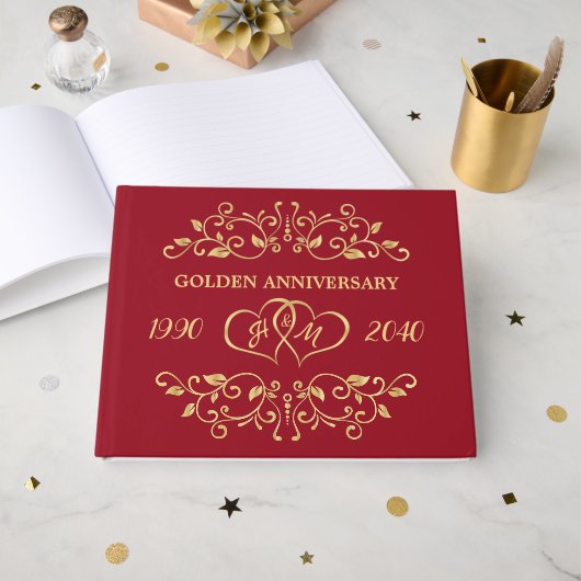 Gold Leafy Swirls Hearts 50th Wedding Jubileum Gastenboek (Voorkant open)
