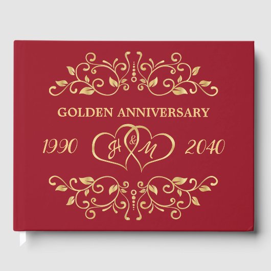 Gold Leafy Swirls Hearts 50th Wedding Jubileum Gastenboek (Voorkant)