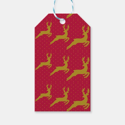 Gold Leaping Deer op Red Patterned Background Cadeaulabel (Voorkant)