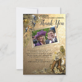 Gold Leather Steampunk Wedding Bedankt kaart