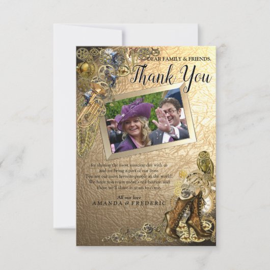 Gold Leather Steampunk Wedding Bedankt kaart (Voorkant)