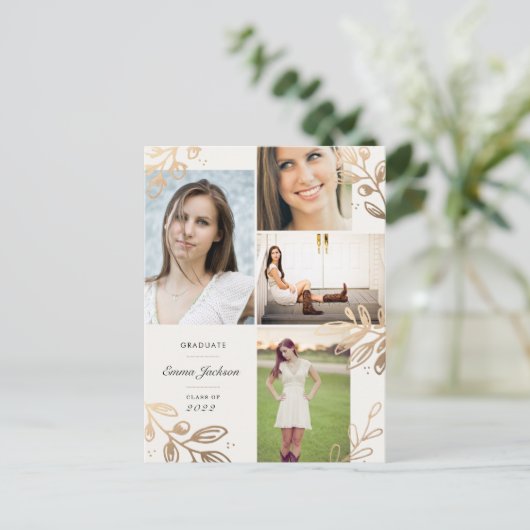 Gold Leaves 4 Foto Afstudeerder Announding Briefka Aankondigingskaart (Staand voorkant)