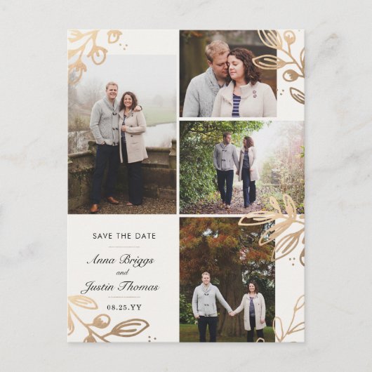 Gold Leaves 4 Foto Save the Date Aankondigingskaart (Voorkant)
