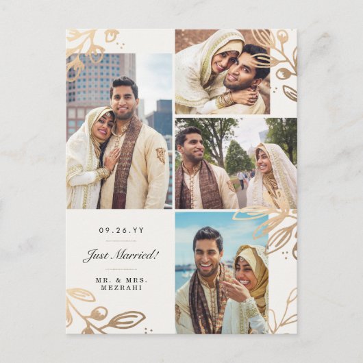 Gold Leaves 4 Photo Wedding Announding Aankondigingskaart (Voorkant)