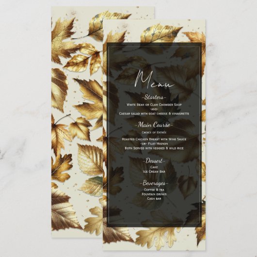 Gold Leaves Almond Beige & Black Fall Wedding Menu (Voorkant / Achterkant)