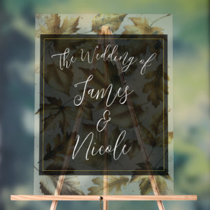 Gold Leaves Almond Beige & Black Glam Fall Wedding Acryl Bord