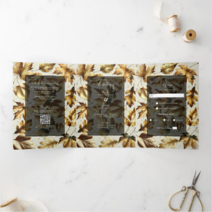 Gold Leaves Almond Beige & Black Glam Fall Wedding Drieluik Uitnodiging