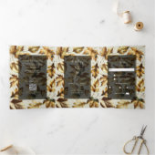 Gold Leaves Almond Beige & Black Glam Fall Wedding Drieluik Uitnodiging (Binnen)